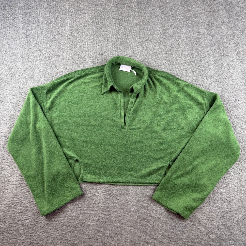 Out From Under Fleece Sweatshirt Women's XS Green Cropped Polo V-Neck Slit Hem